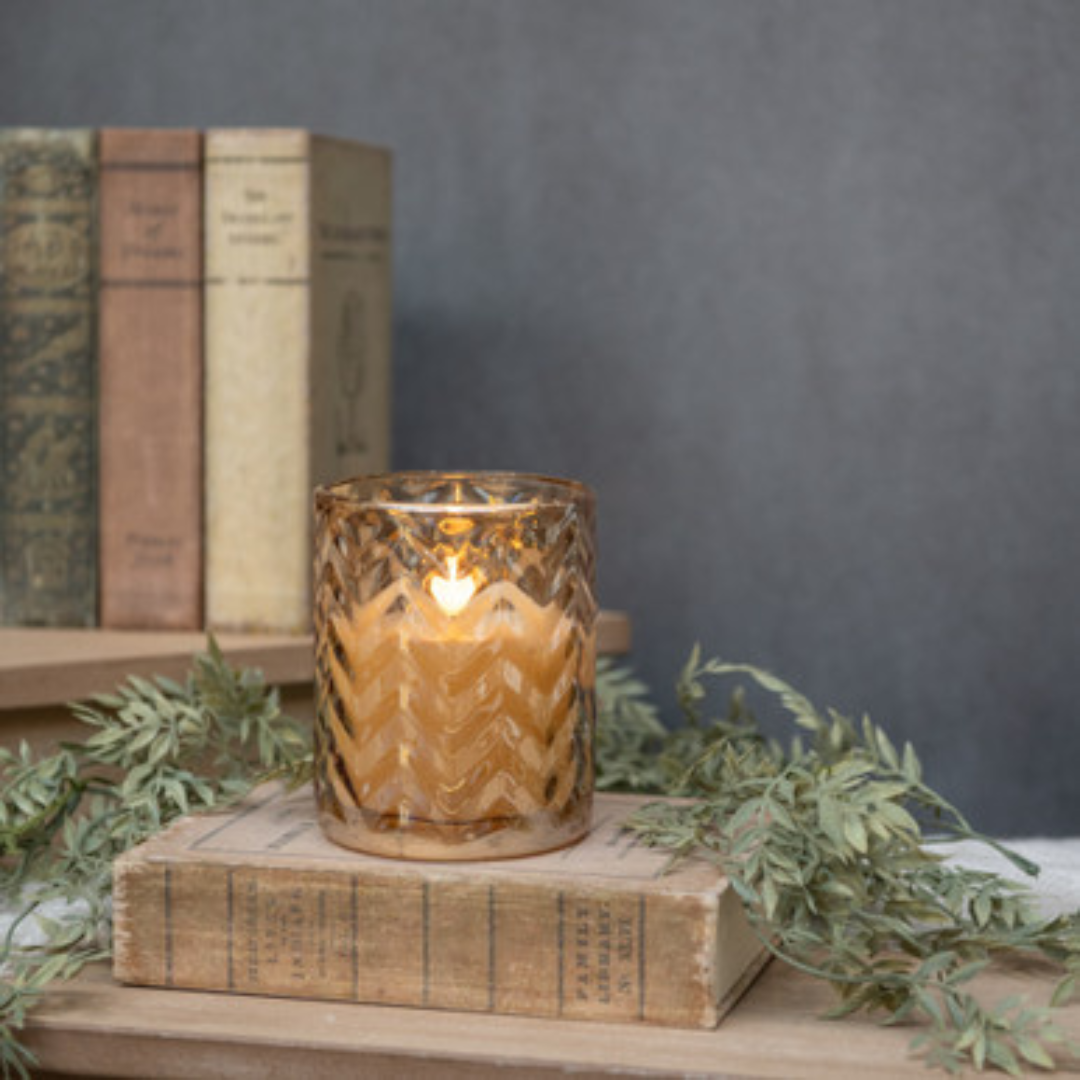 5" Champagne Chevron Glass 3D Flame Candle