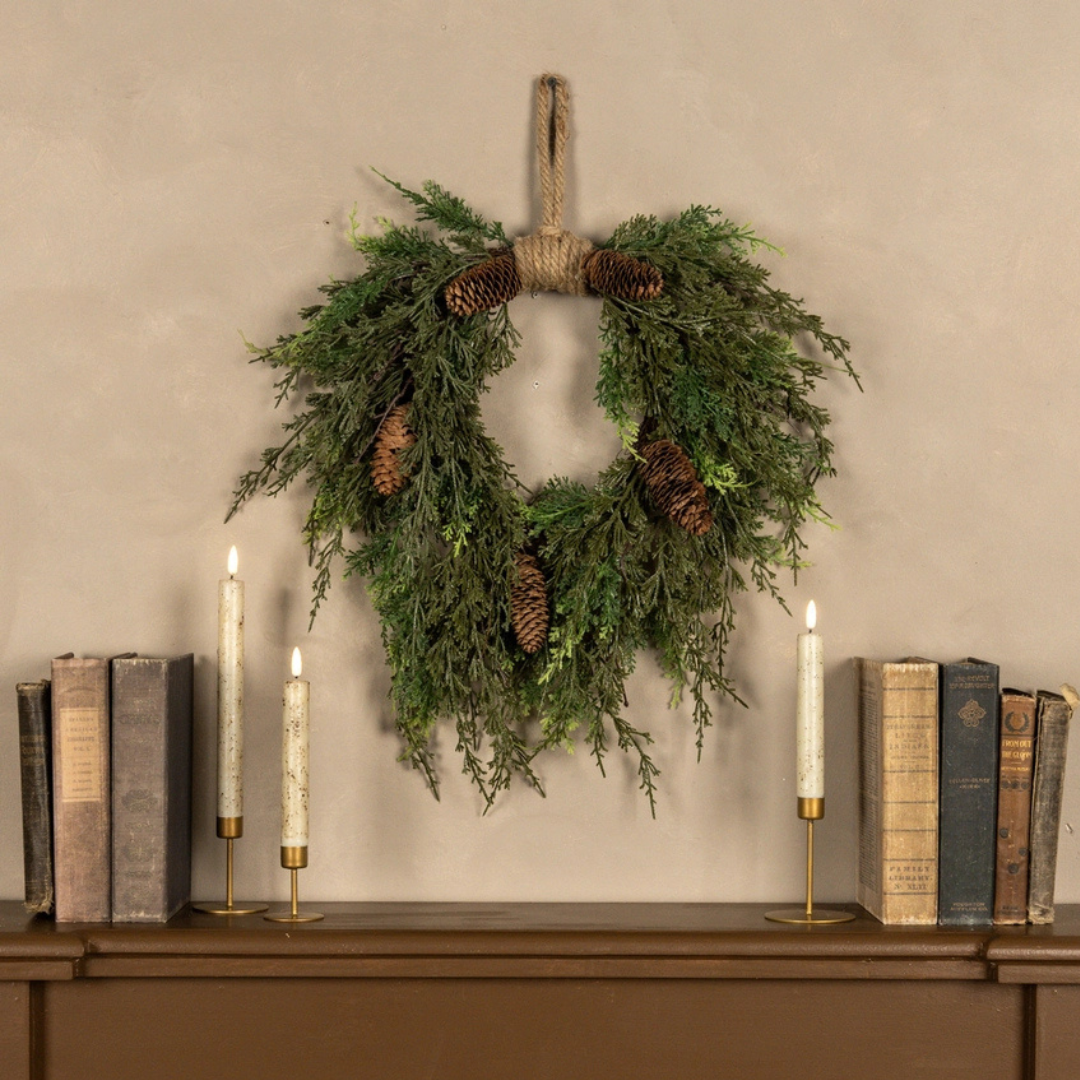 16" Hanging Cedar Wreath /w Pinecones