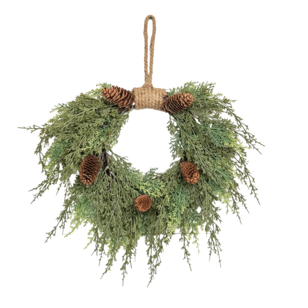 16" Hanging Cedar Wreath /w Pinecones