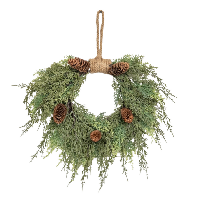 16" Hanging Cedar Wreath /w Pinecones