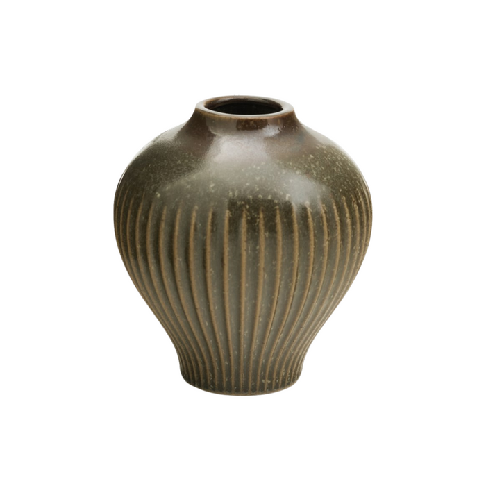 Ribbed Porcelain Vase - Olive Brown