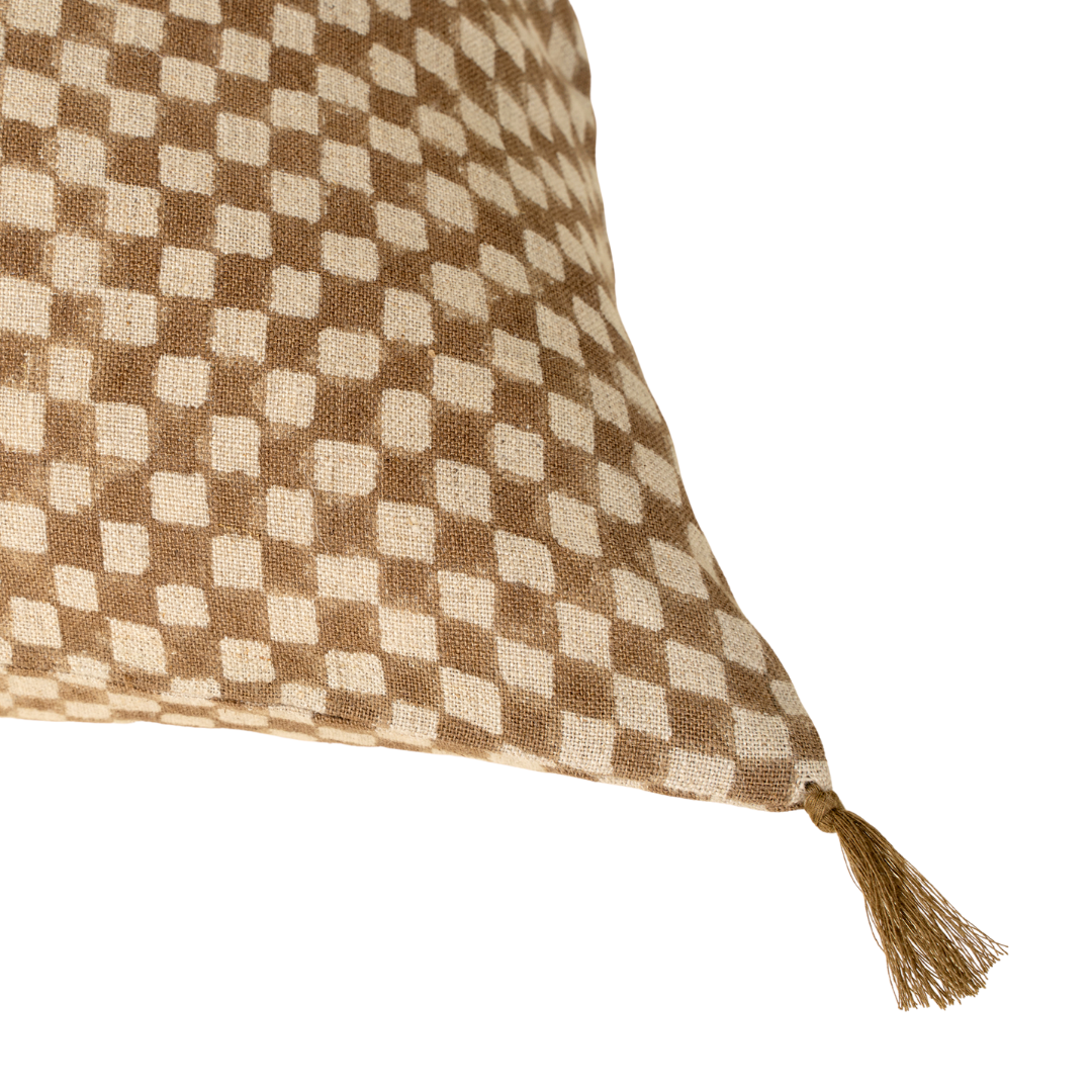 Block Print Check Linen Pillow - Brown [16" x 24"]