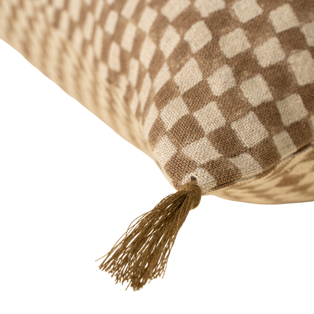 Block Print Check Linen Pillow - Brown [16" x 24"]