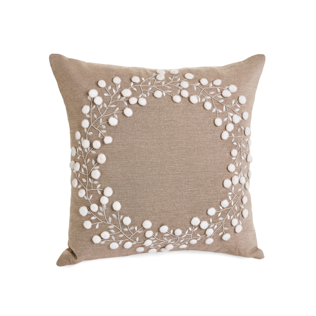 Embroidered  Pompom Wreath Pillow [Beige/Ecru Cotton]