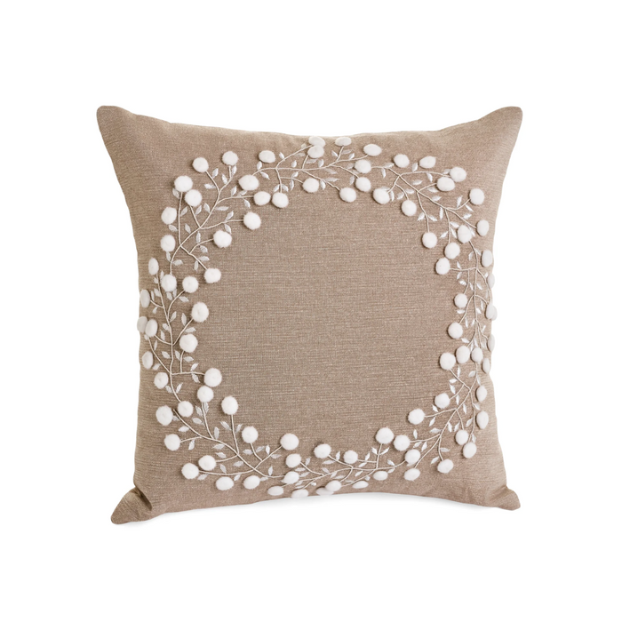 Embroidered  Pompom Wreath Pillow [Beige/Ecru Cotton]