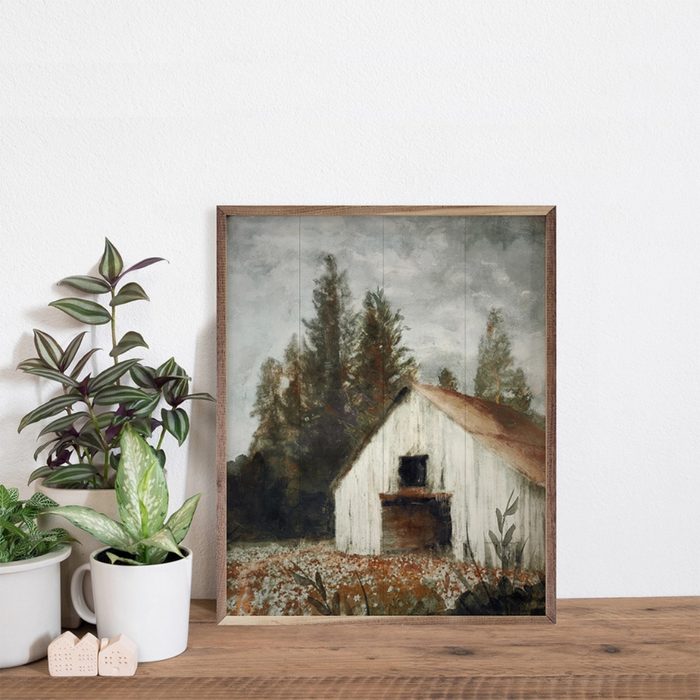 White Shed in Valley - 16" x 20" Wooden Art Print