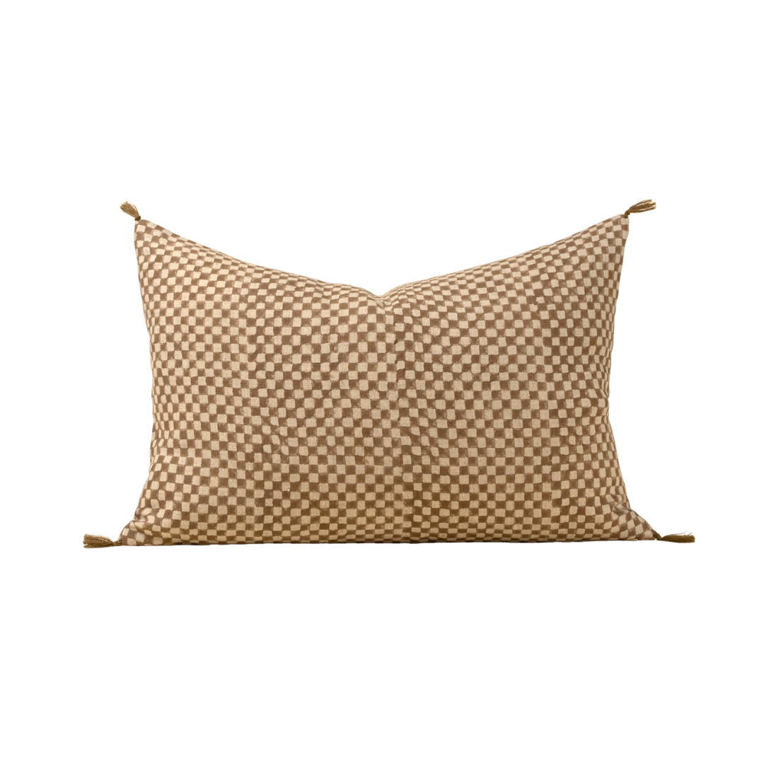 Block Print Check Linen Pillow - Brown [16" x 24"]