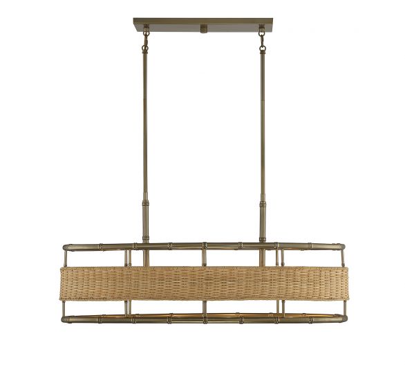 Arcadia 4 Light Warm Brass With Natural Rattan Linear Chandelier